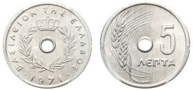 Greece. King Constantine II, 1964-1973. 5 Lepta, 1971, Athens mint (KM77).

Graded MS67 PCGS.
