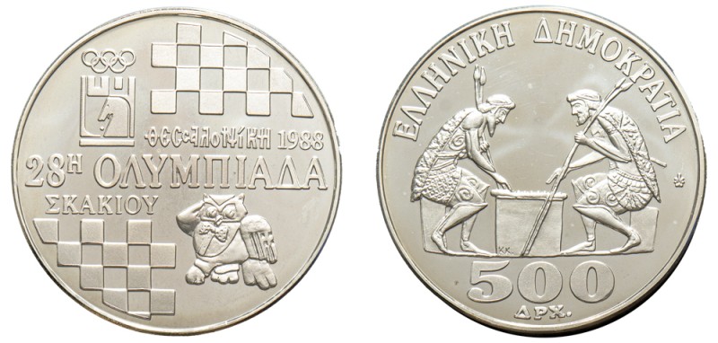 Greece, Third Republic, 1974-. AR Proof 500 Drachmai, 1988, 28th Chess Olympics,...