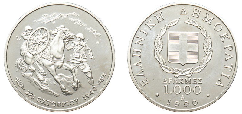 Greece, Third Republic, 1974-. AR Proof 1.000 Drachmai, 1990, 50th Anniversary -...