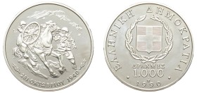Greece, Third Republic, 1974-. AR Proof 1.000 Drachmai, 1990, 50th Anniversary - Italian Invasion of Greece, Athens mint (KM155).

Uncirculated proo...
