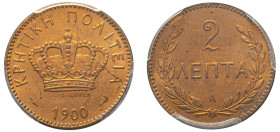 Greece, Crete, Prince George, 1898-1906. 2 Lepta, 1900A, Paris mint (KM2; Divo 137a).

Graded MS66RD PCGS.