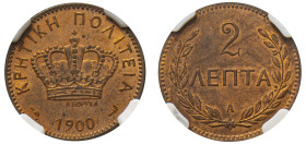 Greece, Crete, Prince George, 1898-1906. 2 Lepta, 1900A, Paris mint (KM2; Divo 137a).

Graded MS65RB NGC.