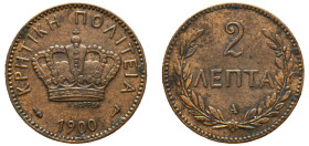 Greece, Crete, Prince George, 1898-1906. 2 Lepta, 1900A, Paris mint, 1.91g (KM2; Divo 137a).

Extremely fine.
