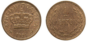 Greece, Crete, Prince George, 1898-1906. Lepton, 1901 A, Paris mint, 1.00g (KM1.2; Divo 138b).

Uncirculated with attractive eye-appeal.