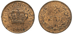 Greece, Crete, Prince George, 1898-1906. 2 Lepta, 1901 A, Paris mint, 2.03g (KM2; Divo 137b).

Good extremely fine.