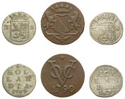 Netherlands, Holland (2) and Netherlands East Indies (1). Lot of 3 coins comprising 2 Stuivers, 1677, 1.17g (KM48); 2 Stuivers, 1789, 1.32g (KM48) and...