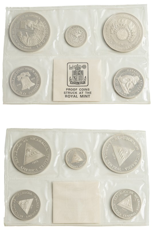 Nicaragua, Republic, 1854-. AR Proof Official set of 20-50 (2)-100 (2) Cordobas,...