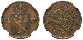 Norway, Charles IV, 1859-1872. 1/2 Skilling, 1867, Kongsberg mint (KM329).

Graded AU58BN NGC.