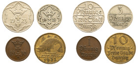 Polish States, Danzig, 1920-1939. Lot of 4 coins comprising 5 Pfennigs, 1923, Berlin mint, 2.00g (KM142); 10 Pfennigs, 1923, Berlin mint, 4.00g (KM143...