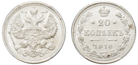 Russia, Nicholas II, 1894-1917. 20 Kopecks, 1916 BC, Petrograd mint (KM-Y22a.2).

Graded UNC Details, Cleaned PCGS.