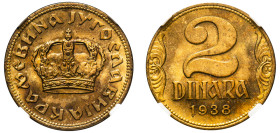 Yugoslavia, Peter II, 1934-1945. 2 Dinara (Dinars), 1938, Paris mint, large crown (KM20).

Graded MS64 NGC.