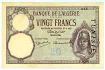 Algeria
Banque de l’Algérie 
20 francs, 24 October 1938
S/N P.3201 355
Watermark: Arabic Seal & Woman’s Head
Pick 78c

Very fine or better.