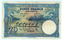 Belgian Congo
Banque du Congo Belge
20 Francs, 10 April 1946
Without “Émission” overprint
S/N X128822 
Printer: TDLR
Pick 15E

Very fine.