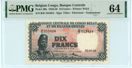 Belgian Congo
Banque Centrale
10 Francs, 1 August 1958 - Issue of 1956-1959
S/N B/D 553484 - Signatures of Titles, Directeur and Gouverneur
Printer: W...