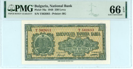 Bulgaria
National Bank
250 Leva, 1948
S/N T 502683
Printer: BG
Pick 76a

Graded Gem Uncirculated 66 EPQ PMG.