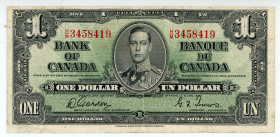 Canada
Bank of Canada
Dollar, 2nd January 1937
S/N H/M 3458419 - Signatures of Graham Ford Towers & Donald Gordon 
Pick 58b

Very fine.