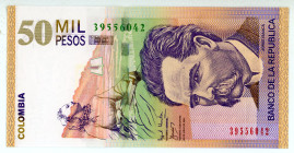 Colombia
50.000 Pesos, 23 July 2001
S/N 39556042
Watermark: “50MIL” & Jorge Isaacs
Pick 455b

Crispy uncirculated.