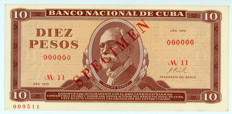 Cuba
Banco Nacional de Cuba
Specimen 10 Pesos, 1970
S/N 000000 M11, numbered: 00...