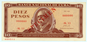 Cuba
Banco Nacional de Cuba
Specimen 10 Pesos, 1970
S/N 000000 M11, numbered: 009511
Printer: STC-P
Pick 104as

About uncirculated.