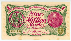 Danzig
Senate of the Municipality - Free City
1.000.000 Mark, 8 August 1923
Five digit serial number.
S/N 66834
Watermark: Octagon Pattern
Pick 24a; C...