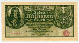 Danzig
Senate of the Municipality - Free City
10.000.000 Mark, 31 August 1923
Without “A” on front
S/N 284144
Watermark: Drop Pattern
Pick 25b; CM G13...