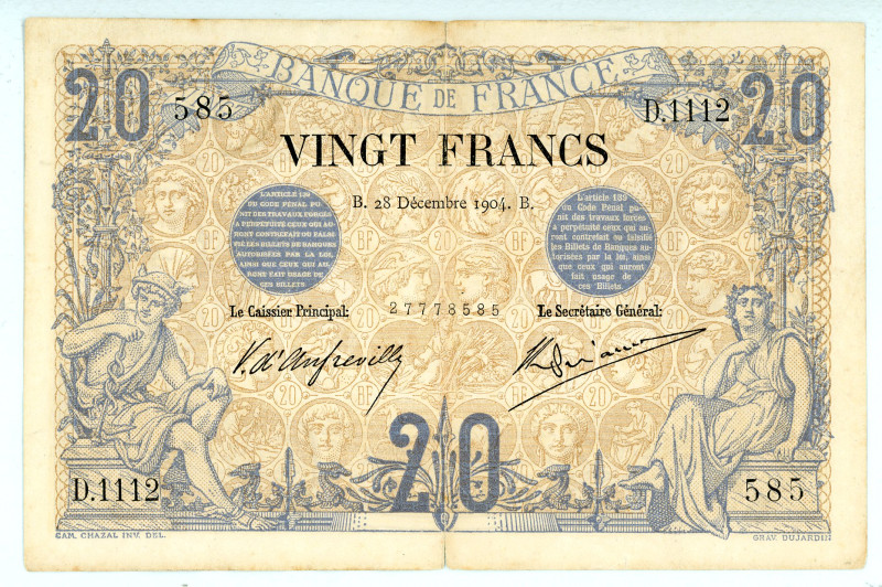 France
Banque de France
20 Francs, 28 December 1904
S/N D.1112 585 27778585 - Si...