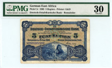 German East Africa
Deutsch-Ostafrikanische Bank
Remainder 5 Rupien, 15 June 1905
Printer: G&D
Pick 1r

Graded Very Fine 30 PMG.