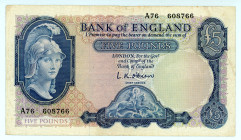 Great Britain
Bank of England 
5 Pounds, ND (1961-1963)
£5 in blue on back 
S/N A76 608766
Watermark: Britannia 
Pick 372

Very fine.
