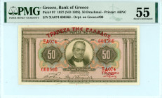 Greece
Bank of Greece (ΤΡΑΠΕΖΑ ΤΗΣ ΕΛΛΑΔΟΣ)
50 Drachmai, 24 May 1927 (ND 1928)
Red overprint “ΤΡΑΠΕΖΑ ΤΗΣ ΕΛΛΑΔΟΣ”
S/N ΞΑ074 600566
Printer: ABNC
Pick...
