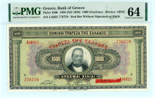 Greece
Bank of Greece (ΤΡΑΠΕΖΑ ΤΗΣ ΕΛΛΑΔΟΣ)
1.000 Drachmai, 4 November 1926 (ND 1928)
Red bar without signature at right
S/N ΛH025 770759
Printer: ABN...