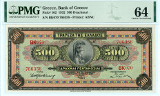 Greece
Bank of Greece (ΤΡΑΠΕΖΑ ΤΗΣ ΕΛΛΑΔΟΣ)
500 Drachmai, 1 October 1932
S/N BK070 766356
Printer: ABNC
Pick 102; Pitidis 102

Graded Choice Uncircula...