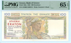 Greece
Bank of Greece (ΤΡΑΠΕΖΑ ΤΗΣ ΕΛΛΑΔΟΣ)
100 Drachmai, 1 September 1935
S/N AΘ024 688312
Watermark: Demeter’s Head
Pick 105a; Pitidis 104

Graded G...
