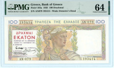 Greece
Bank of Greece (ΤΡΑΠΕΖΑ ΤΗΣ ΕΛΛΑΔΟΣ)
100 Drachmai, 1 September 1935
S/N AN079 193414
Watermark: Demeter’s Head
Pick 105a; Pitidis 104

Graded C...