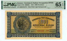 Greece
Bank of Greece (ΤΡΑΠΕΖΑ ΤΗΣ ΕΛΛΑΔΟΣ)
German & Italian Occupation WWII
1.000 Drachmai, 1st October 1941
Title with light background and large se...