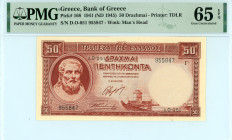 Greece
Bank of Greece (ΤΡΑΠΕΖΑ ΤΗΣ ΕΛΛΑΔΟΣ)
50 Drachmai, 1st January 1941 (ND 1945)
S/N δ.Ο-051 955847
Printer: TDLR
Watermark: Man’s Head
Pick 168; P...