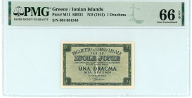 Greece
Ionian Islands
Drachma, ND (1941)
S/N 004 081548
Pick M11; Pitidis 346

Graded Gem Uncirculated 66 EPQ PMG.