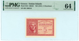 Greece
Ionian Islands
5 Drachmai, ND (1941)
S/N 001 200516
Pick M12; Pitidis 347

Graded Choice Uncirculated 64 PMG.