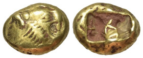 Königreich Lydien. Alyattes - Kroisos (605 - 540 v. Chr.).

 1/3 Stater (Elektron). Sardeis.
Vs: Kopf eines Löwen mit Strahlenwarze auf der Stirn r...