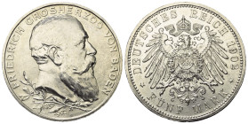 Kaiserreich. Baden. Friedrich I. (1856 - 1907).

 5 Mark (Silber). 1902. Karlsruhe.
Vs: Kopf rechts.
Rs: Großer Reichsadler.

38 mm. 27,72 g. 
...