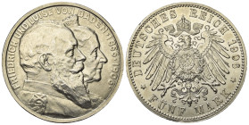 Kaiserreich. Baden. Friedrich I. (1856 - 1907).

 5 Mark (Silber). 1906. Karlsruhe.
Auf die Goldene Hochzeit.
Vs: Köpfe rechts.
Rs: Großer Reichs...