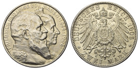 Kaiserreich. Baden. Friedrich I. (1856 - 1907).

 2 Mark (Silber). 1906.
Vs: Köpfe des Fürstenpaares rechts.
Rs: Großer Reichsadler.

28 mm. 11,...