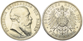 Kaiserreich. Baden. Friedrich I. (1856 - 1907).

 5 Mark (Silber). 1907. Karlsruhe.
Kommemorativmünze nach dem Tod des Großherzogs.
Vs: Kopf recht...