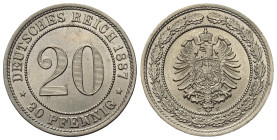 Kaiserreich. Kleinmünzen.

 20 Pfennig (Silber). 1887 E.
Vs: Wertzahl.
Rs: Reichsadler bekrönt.

23 mm. 6,25 g. 

Jaeger 6.
 Minimale feine K...