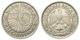 Weimarer Republik.

 50 Reichspfennig (Nickel). 1929 F. Stuttgart.
Vs: Wertbezeichnung im Eichenkranz.
Rs: Reichsadler und Jahreszahl.

20 mm. 3...