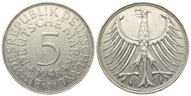 Bundesrepublik Deutschland.

 5 Deutsche Mark (Silber). 1958 J. Hamburg.
Vs: Wertbezeichnung und Jahreszahl.
Rs: Bundesadler.

29 mm. 11,13 g. ...