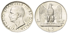 Italien. Königreich. Vittorio Emanuele III. (1900 - 1946).

 5 Lire (Silber). 1930. Rom.
Vs: VITTORIO·EMANVELE·III· RE·D' ITALIA. Kopf links.
Rs: ...
