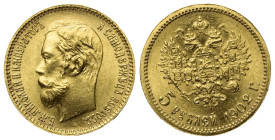 Russland. Zarenreich (bis 1917). Nikolaus II. (1894 - 1917).

 5 Rubel (Gold). 1902. St. Petersburg.
Vs: Kopf links, Umschrift. 
Rs: Wertbezeichnu...