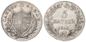 Schweiz. Aargau - Kanton.

 5 Batzen (Silber). 1810.
Vs: Wappen in Kranz.
Rs: Wertbezeichnung in Kranz, darunter Jahreszahl.

26 mm. 4,61 g. 
...