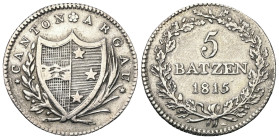 Schweiz. Aargau - Kanton.

 5 Batzen (Silber). 1815.
Vs: Wappen in Kranz.
Rs: Wertbezeichnung in Kranz, darunter Jahreszahl.

25 mm. 4,45 g. 
...