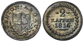 Schweiz. Aargau - Kanton.

 2 Rappen (Billon). 1816.
Vs: Wappen in Kranz.
Rs: Wertbezeichnung in Kranz, darunter Jahreszahl.

18 mm. 1,18 g. 
...